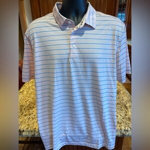 Mizzen+Main men’s polo. Sharp coral w/blue stripes. Large